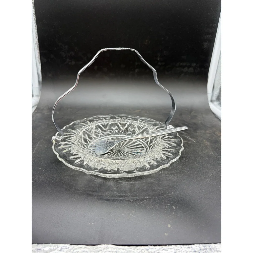 Vintage Pressed Glass Relish Dish with Chrome Handle and‎ Serving Fork Set